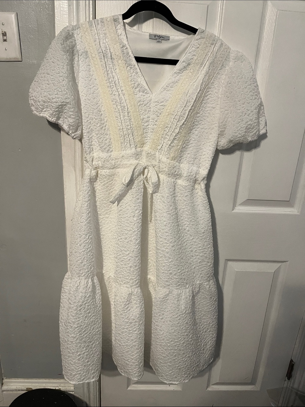 Polagram White Textured V-Neck Bubble Sleeve Dress with Tie Waist